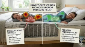 A heat map illustration showing reduced pressure on the shoulders and hips when a side sleeper rests on a supportive pocket sprung mattress.