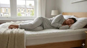 An individual sleeping on their side on a memory foam mattress, illustrating pressure relief for hips and shoulders.
