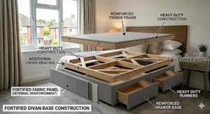 Close-up illustration of a reinforced timber frame divan base designed for extra durability and weight support.