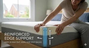 A user demonstrates the reinforced edge support on a memory foam mattress, making it easier to get in and out with a stiff back.