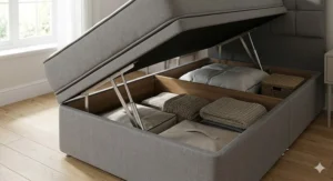 Technical drawing of a side-lifting ottoman divan bed, ideal for smaller UK bedrooms with limited space.
