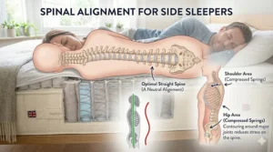 An anatomical diagram demonstrating how pocket springs compress under the shoulders and hips to keep a side sleeper’s spine perfectly straight.