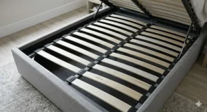 Sprung slatted base of an ottoman bed providing mattress support and airflow.