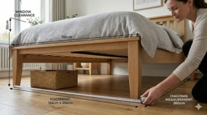 A diagram showing how a divan bed sits flush with the mattress to save floor space in a compact British box room.