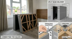 Illustration showing how a king-size divan base is delivered in two halves and secured together with discrete linking bars.
