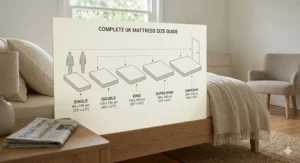 Alt text for image 7: Comparison chart of UK mattress sizes including Single, Double, King, and Super King dimensions in centimetres.