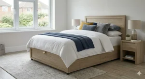 Oak-effect wooden ottoman storage bed under £500, perfect for a traditional British home.