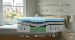 A detailed cross-section showing multi-layered memory foam with reinforced zoned support for the lumbar region.