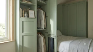 A bespoke fitted wardrobe neatly built into a bedroom alcove to optimise every centimetre of available space.