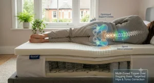 A diagram showing a multi-zoned topper placed over a sagging bed base, highlighting spinal decompression and optimised support zones for the hips and torso.