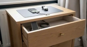 An open drawer of a bedside table revealing an internal charging dock for mobile devices and gadgets.