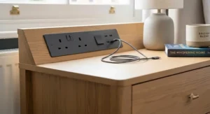 A close-up of a wooden bedside table featuring a built-in UK mains plug and integrated USB charging ports.