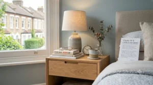 Expert styling tips for a bedside table, featuring a lamp, books, and home décor essentials.