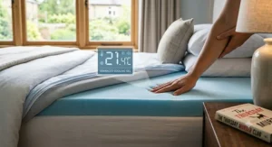 A hand pressing into a blue gel-infused cooling mattress topper on a bed, with a digital display showing 21.4°C and an advanced cooling gel indicator.