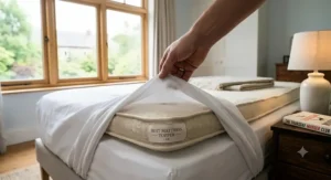 A hand pulling back a white fitted sheet to reveal a thick wool mattress topper with a BEST MATTRESS TOPPER - UK label.