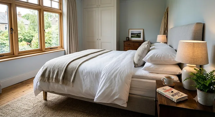 A luxurious, thick memory foam mattress topper neatly fitted onto a double bed in a modern British bedroom. best mattress topper