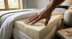 A hand with a gold wedding band resting on a thick, supportive orthopaedic memory foam mattress topper to show its contouring depth.