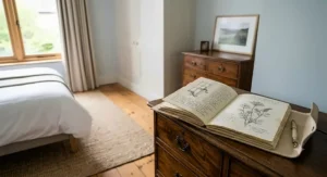 An open notebook with botanical sketches resting on a dark wood chest of drawers next to a neatly made bed in a sunlit room.