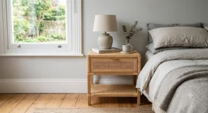 Bohemian-style rattan and cane bedside table with convenient open lower shelving.