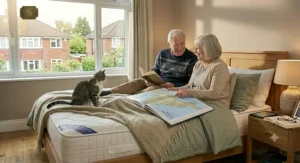 A senior man and woman sitting propped up on a firm orthopaedic mattress, looking over a large travel atlas together with a tabby cat perched nearby.