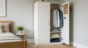 A compact, space-saving white wardrobe ideal for smaller UK bedrooms, costing under £200.