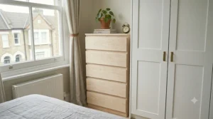 Light wood chest of drawers tucked neatly beside a white wardrobe.