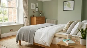 A cosy, styled UK bedroom featuring a freshly made bed with a plush memory foam topper beneath a crisp white duvet.