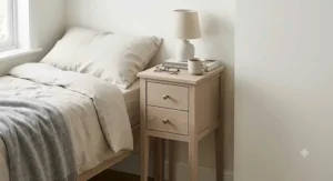 Compact, narrow bedside table featuring two drawers, ideal for small bedroom storage.