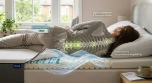An anatomical cross-section diagram of a sleeper on a breathable cooling gel mattress topper, highlighting optimised cooling, spinal alignment, and temperature regulation.