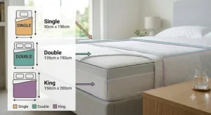 Size chart for a cooling mattress topper showing standard UK dimensions including Single, Double, King, and Super King.