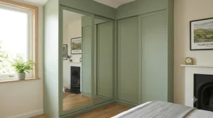 A bespoke corner wardrobe unit, optimising an awkward bedroom layout to create functional and cohesive storage.
