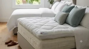 A detailed shot of a premium thick mattress topper with a British flag emblem, showing the textured fabric edges and plush sleep surface.
