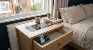 A cosy bedroom interior styled with a practical bedside table containing both surface and drawer charging options.