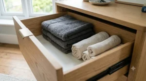 A wide chest of drawers with open compartments showing deep storage for neatly folded clothes and towels.