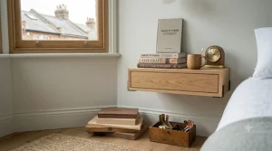 A workshop-style view showing a wooden floating bedside shelf with tools and materials for installation.