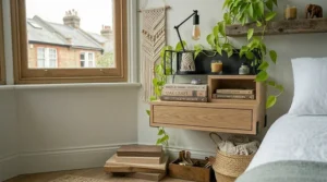 A sleek, double-tier floating bedside shelf providing extra surface area and display space for bedroom essentials.