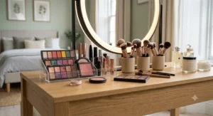 A close-up shot of a dressing table surface, showcasing tidy organisation of makeup palettes, numerous brushes in pots, and perfume bottles.