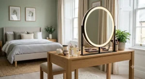 A detailed view of a complete dressing table unit, highlighting its integrated circular LED vanity mirror and organised product storage.