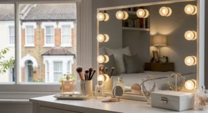 A large dressing table with lights and ample drawer storage to organise cosmetics and hair accessories.