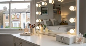 A complete dressing table set featuring built-in mirror lights and a comfortable, matching padded stool.