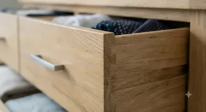 Close-up of premium metallic handles on a budget-friendly solid wood chest of drawers.