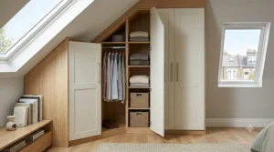 Custom fitted corner wardrobe installed under a sloping attic ceiling.
