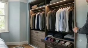 Spacious internal wardrobe storage layout featuring multiple hanging sections for shirts, a tier of wooden drawers, and a pull-out tie rack.