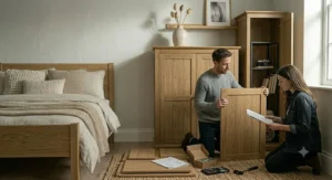 A couple assembling flat-pack furniture; high-quality, easy-to-build cheap wardrobes under £200.