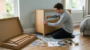 A person assembling a flat-pack chest of drawers on a bedroom floor with tools and instructions laid out.