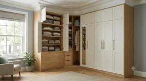Full-height floor-to-ceiling corner wardrobe maximising storage space.