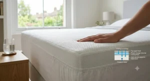 An illustration demonstrating how a gel-infused cooling mattress topper dissipates body heat to prevent night sweats.