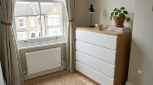 Modern white high-gloss chest of drawers for a compact space.