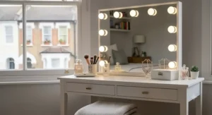 A modern grey dressing table with integrated touch-control lights, fitting contemporary UK home decor trends.