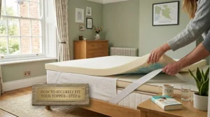 A close-up illustration of secure elasticated corner straps fixing a memory foam topper onto a traditional British mattress.